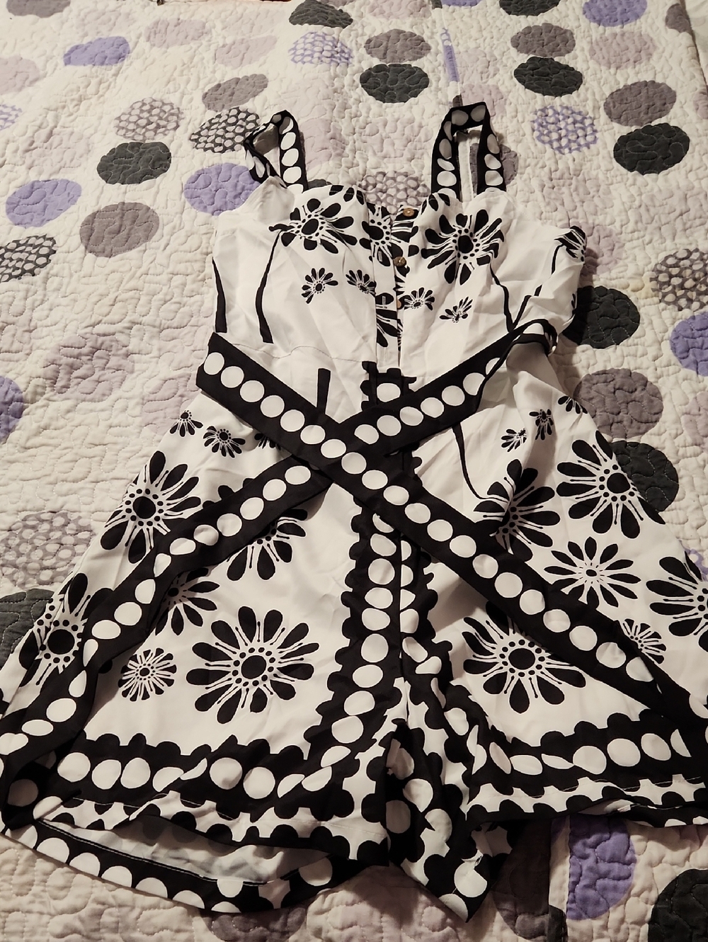 Black & White Floral Polka Dot Fit-and-Flare Romper